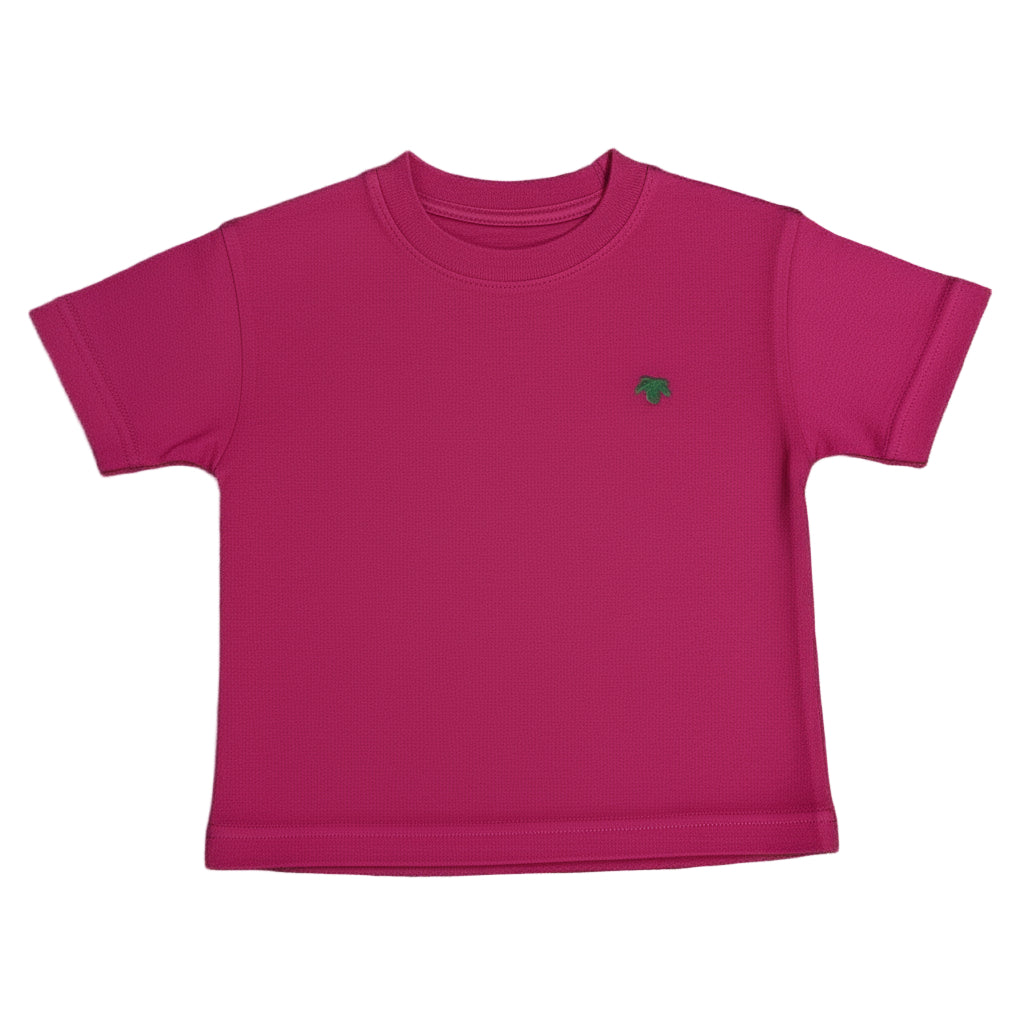 Pink t-shirt with a small green logo